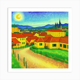 Cobblestone Dreams: A Serene Village Escape Night In The Village Art Print