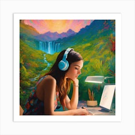 Girl With Headphones Art Print