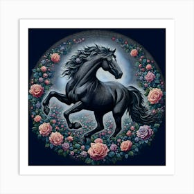 Black Horse With Flowers Art Print