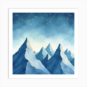 Whimsical Watercolor Mountain Peaks With Starry Sky 1 Art Print