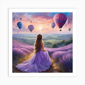 A Young Girl With Hot Air Balloons In Lavender Field Art Print