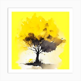 Watercolor Autumn Tree On Yellow Background Art Print