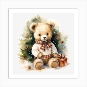 Teddy Bear With Christmas Tree Art Print