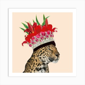 Royal Leopard Wearing Floral Crown In Cream 1 Art Print