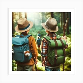 Two Kids Hiking In The Forest Art Print