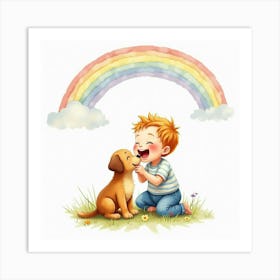 Watercolor Baby Laughing As A Puppy Licks Their Face Under A Rainbow Art Print