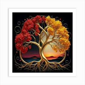 Template: Half red and half black, solid color gradient tree with golden leaves and twisted and intertwined branches 3D oil painting 15 Art Print