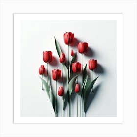 Title: "Crimson Elegance: A Study of Tulips in Bloom"  Description: "Crimson Elegance: A Study of Tulips in Bloom" is a mesmerizing depiction of nature's splendor, presenting a serene array of red tulips reaching for the sky. The artwork captures the delicate interplay of light and shadow, bringing forth the tulips' vibrant crimson hues that symbolize passion and perfect love. Each petal's subtle curvature and the gentle arch of the leaves speak to a refined aesthetic that would enrich any living space or gallery. This piece is a celebration of natural beauty, embodying the rejuvenating spirit of spring and the timeless elegance that flowers bring to our lives. Ideal for those seeking to infuse their surroundings with a serene yet striking visual statement, this artwork is a testament to the enduring allure of botanical wonder. Art Print