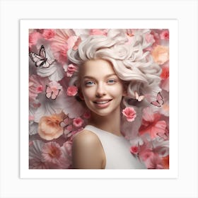 Beautiful Young Woman With Flowers And Butterflies Art Print