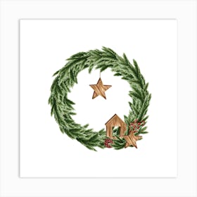 Wreath from Green Fir Branches and Wooden Decorations Art Print