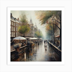 Amsterdam cafes, autumn season, rain, autumn oil colours.Faded colours,People passing on the street, winter clothes, rain umbrellas.2 Art Print