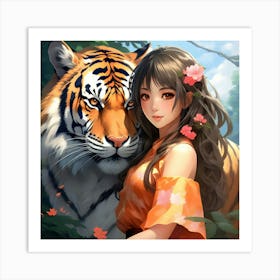 Japanese girl and Tiger Art Print