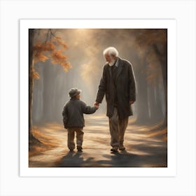 An old man walks with his grandson in a beautiful and attractive scene Art Print