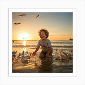 Little Boy Playing With Fish At Sunset 1 Art Print