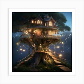 Tree House At Night paintings art print Art Print