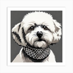 White Dog With A Collar, Shih Tzu, Black and white illustration, Dog drawing, Dog art, Animal illustration, Pet portrait, Realistic dog art Art Print