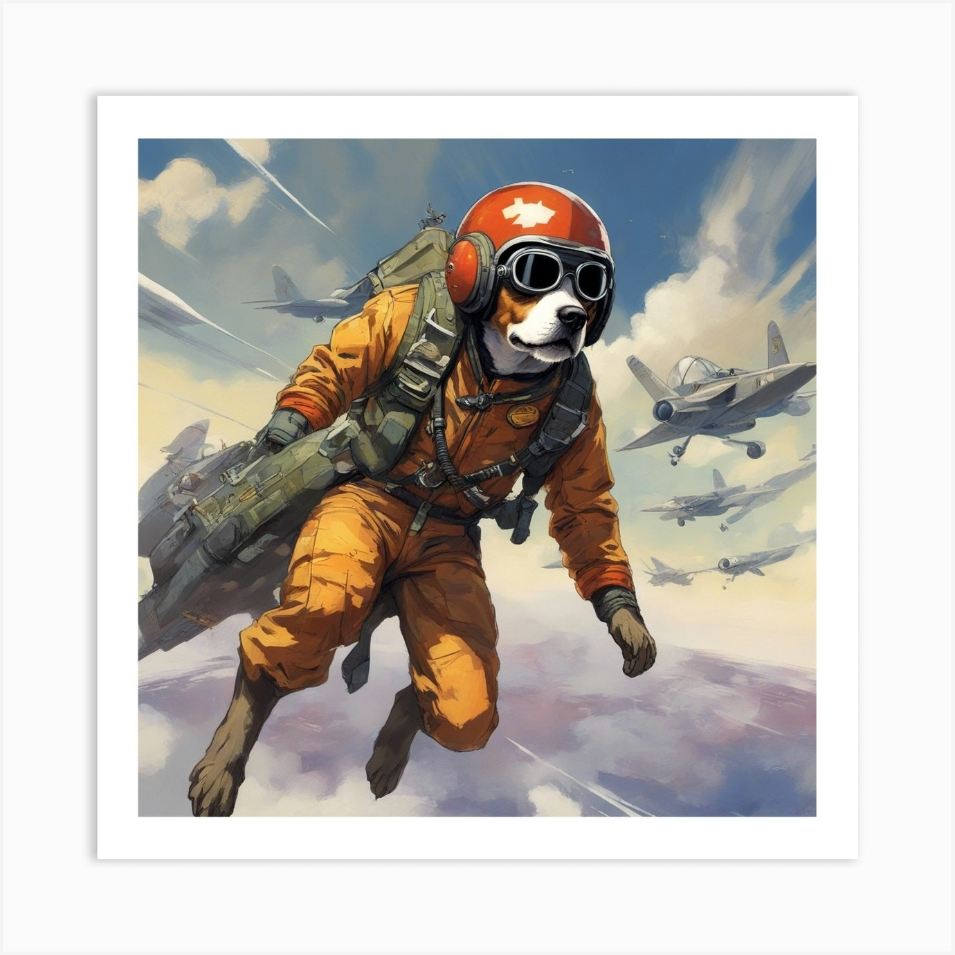 A Badass Anthropomorphic Fighter Pilot Dog, Extremely Low Angle, Atompunk,  50s Fashion Style, Intric (2) Art Print by aipixfuture - Fy