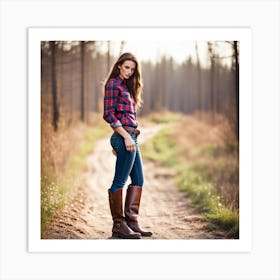 Beautiful Woman In Plaid Shirt And Cowboy Boots Art Print