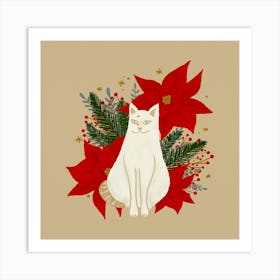 White Cat Christmas Classic Art Print