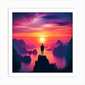 Man Standing On Top Of Mountain At Sunset 1 Art Print