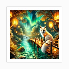 Mystical Wooden Bridge Over A Crystal Clear River With A Glowing Magical Fox Art Print