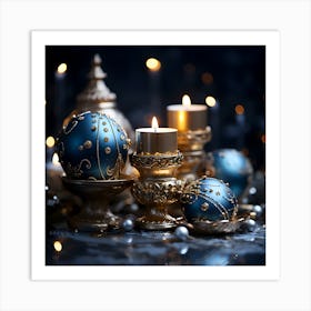 Blue Christmas Decorations With Candles Art Print