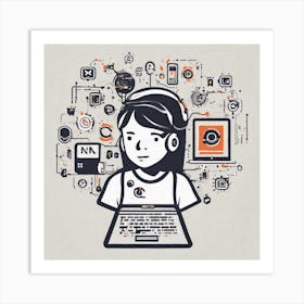 Illustration Of A Girl Using A Laptop Art Print