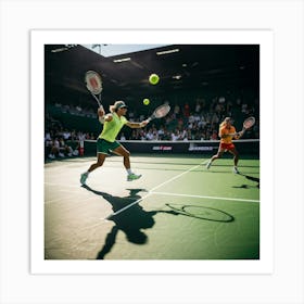 Tennis Match Captured In Mid Action Players Frozen Mid Swing With Rackets Poised To Strike Sunligh Art Print