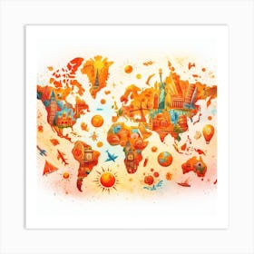 World of Wonders - Watercolor Painting of a World Map with Landmarks and Icons Art Print