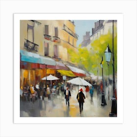 Paris Street Scene.Paris city, pedestrians, cafes, oil paints, spring colors. 1 Art Print