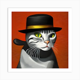 Grey Cat With A Hat Painting Art Print