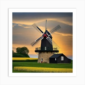 Windmill At Sunset Art Print