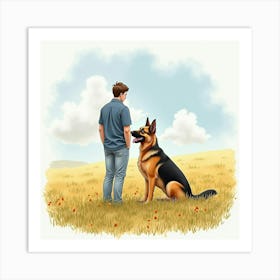 Dutiful German Shepherd Sitting By A Person S Side In A Watercolor Field 1 Art Print