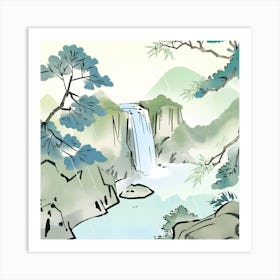 Waterfall In The Mountains ink style Art Print
