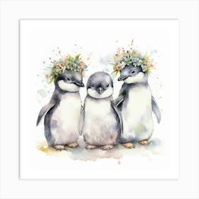 drei Aquarell Baby Pinguine, mit Blumenkranz, minimalistisch Art Print