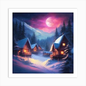 Alpine Chalets lit by Pink Moon Art Print