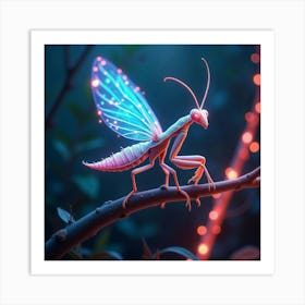 A Whimsical Mantis With Wings Of Fractal Light Perched On A Neon Lit Branch In A Dreamlike Garden Art Print