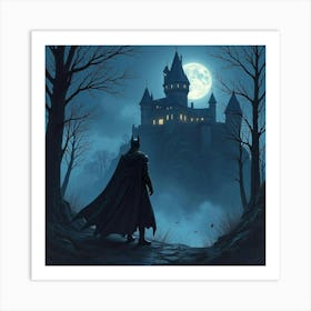 Dark Knight Standing Before A Haunted Castle At Night, Watercolor Effect 1 1 Art Print