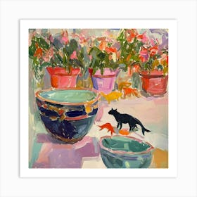 Cat In Blue Bowls Art Art Print