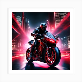 The Image Depicts A Futuristic Scene With A Black And Red Motorcycle Ridden By A Cyborg 4 Art Print