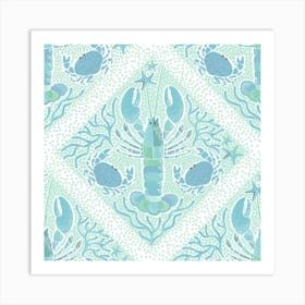 Summer Coastal Boho Lobster, Crab & Coral - Lattice pastel blue Art Print