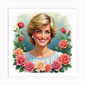 Princess Diana S Warm Smile Framed By A Colorful Garden Of Watercolor Roses 1 Art Print