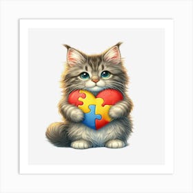 Autism Puzzle Piece Cat (Maine Coon) Art Print