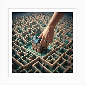 A Hand Placing A Model House In The Center Of A Labyrinth, Representing The Challenges And Complexities Of Finding A Home Art Print