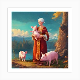 Old Woman With Pigs Art Print