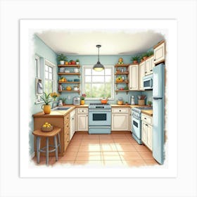 Charming Watercolor Kitchen, Bright And Inviting Details 1 Art Print