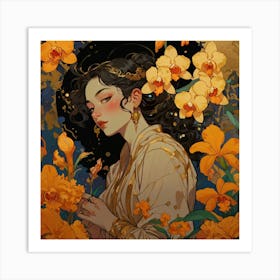 Chinese Woman With Orchids Art Print