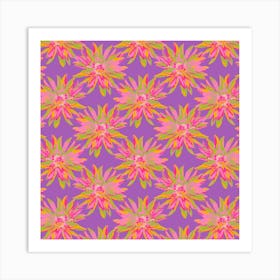 DAHLIA BURSTS Multi Abstract Blooming Floral Summer Bright Flowers in Fuchsia Pink Yellow Lime Green on Violet Purple Art Print