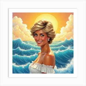 Smiling Princess Diana In Front Of Watercolor Ocean Waves And Golden Sky 1 Art Print