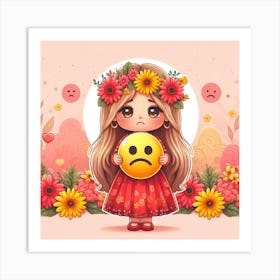 Cute Girl Holding Sad Emoticon Art Print